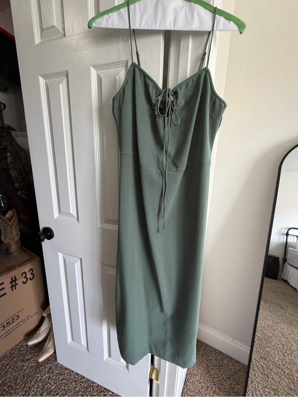 Abercrombie & Fitch Olive Green Midi Slip Dress with Front Tie